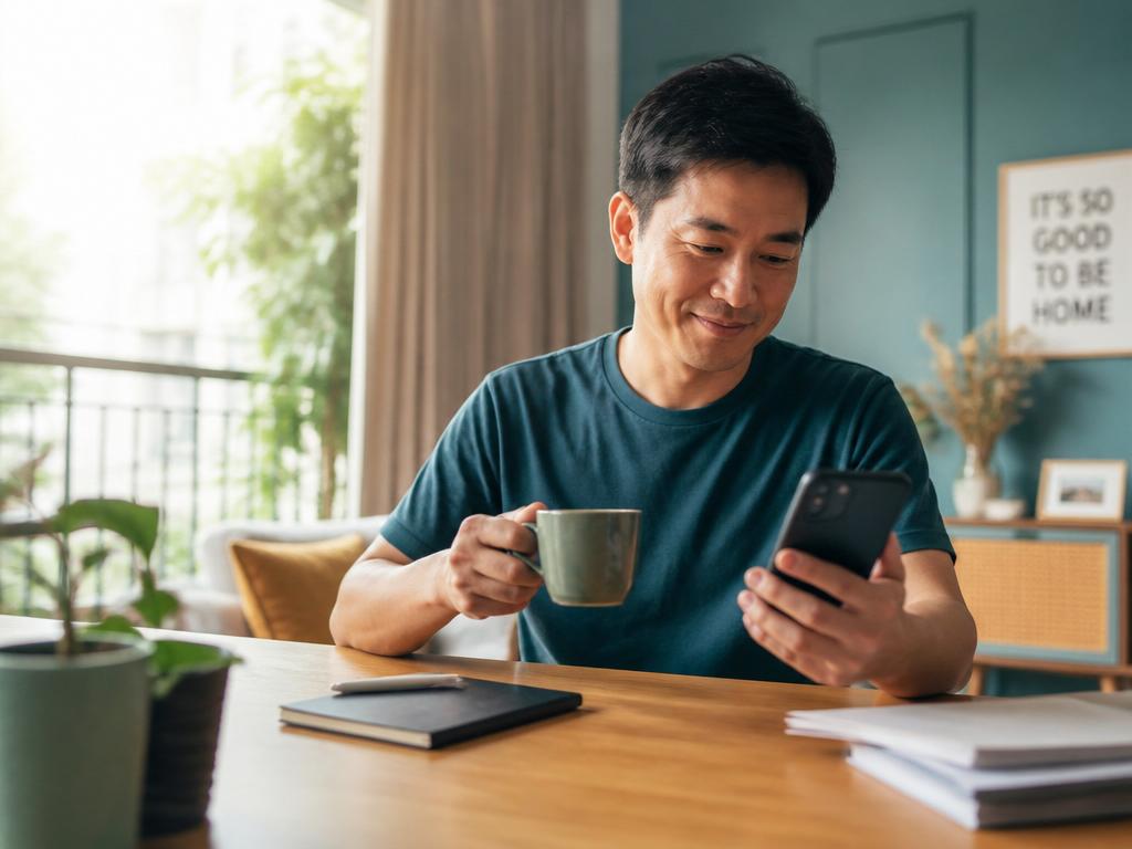 A parent checking their finances on a phone with a coffee at home