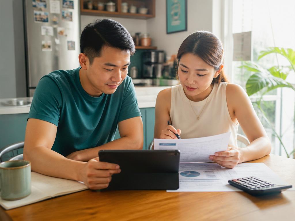 A Singapore couple reviewing their finances together at a sunlit kitchen table